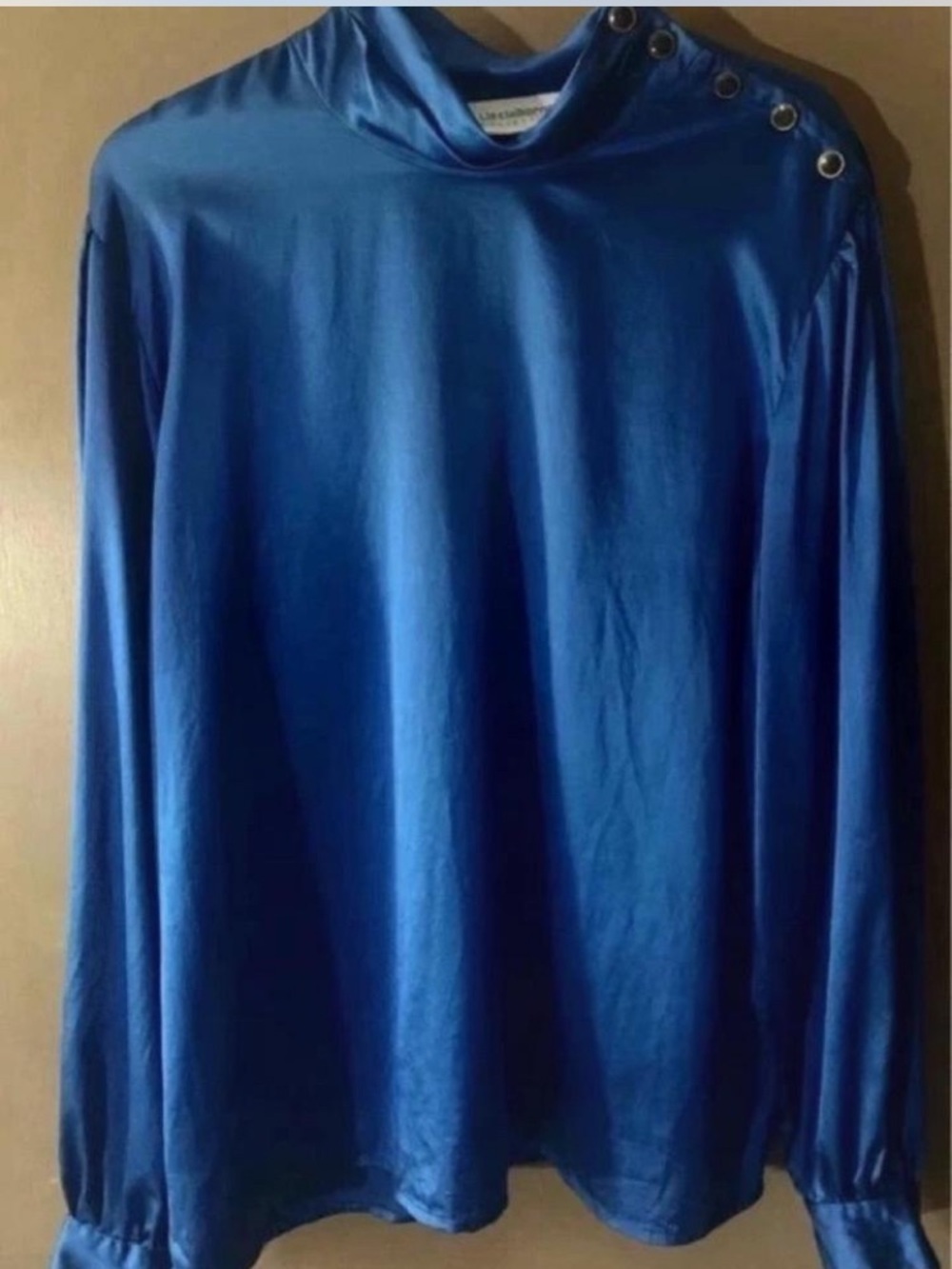 100% silk Royal Blue Long-Sleeve Blouse with Shoulder Grommet Detail